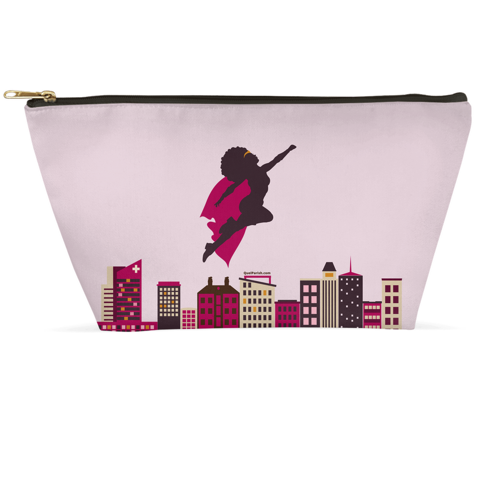 Black Women Super Hero Travel Cosmetics Bag Front Natural Hair Afro Flying above City Crime Fighter Comics Blerds Gifts Quel Parish