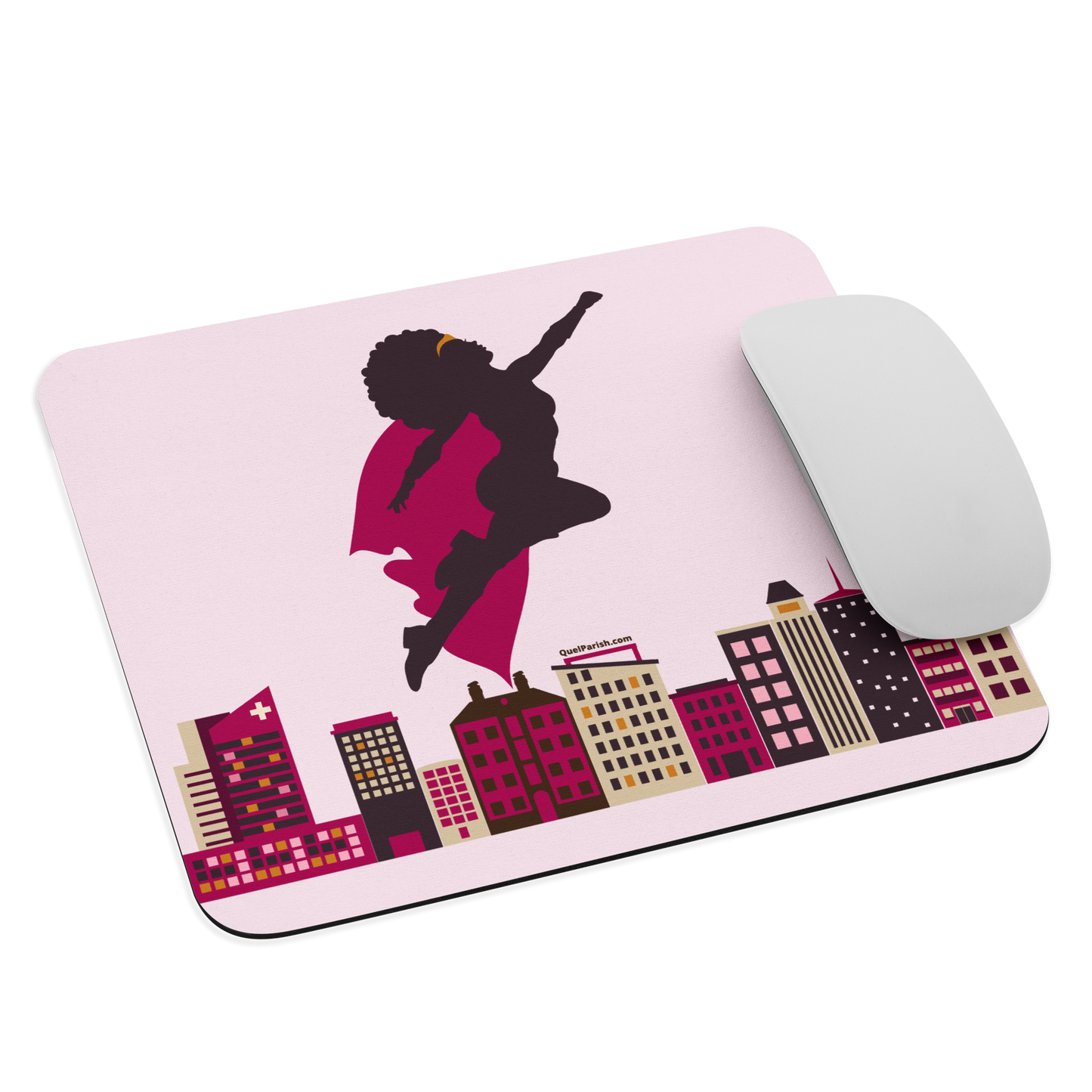 Black Women Super Hero Mouse Pad Natural Hair Afro Flying above City Crime Fighter Comics Blerds Gifts Quel Parish