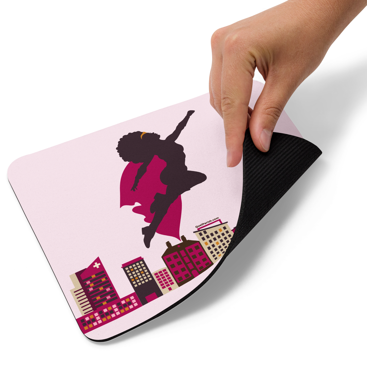 Black Women Super Hero Mouse Pad Natural Hair Afro Flying above City Crime Fighter Comics Blerds Gifts Quel Parish